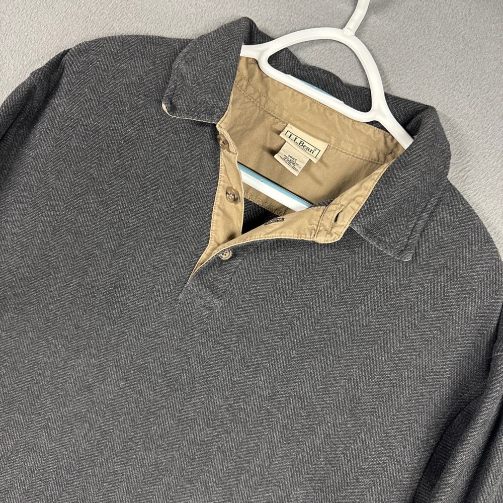 LL Bean Polo Shirt Mens Large Gray Herringbone Cotton Long Sleeve Button Preppy